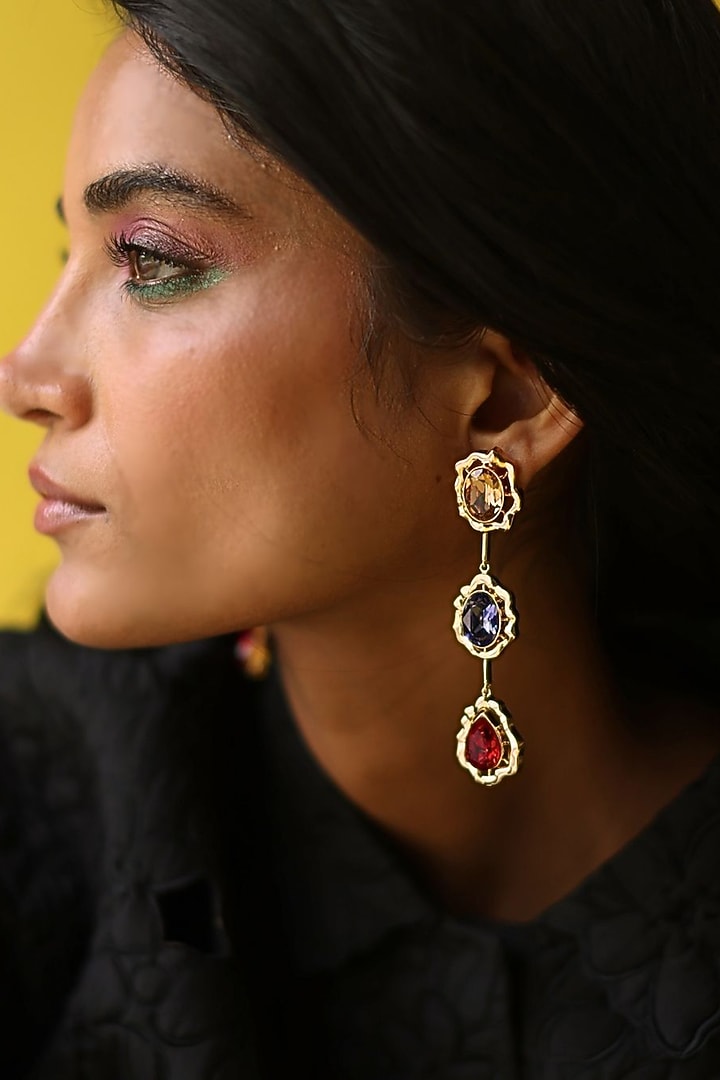 White Rhodium Finish Multi-Colored Swarovski Dangler Earrings by ESME at Pernia's Pop Up Shop