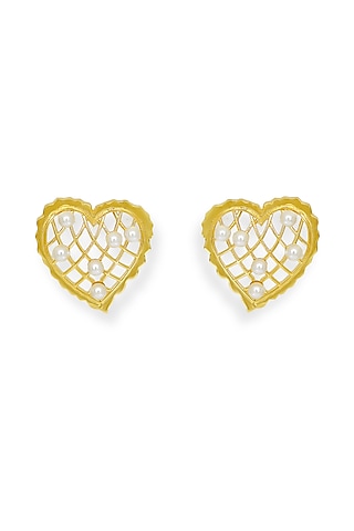 White Rhodium Finish Pearl Heart-Shaped Stud Earrings by ESME