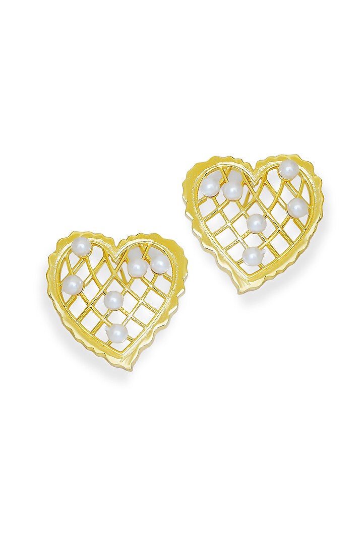 White Rhodium Finish Pearl Heart-Shaped Stud Earrings by ESME at Pernia's Pop Up Shop