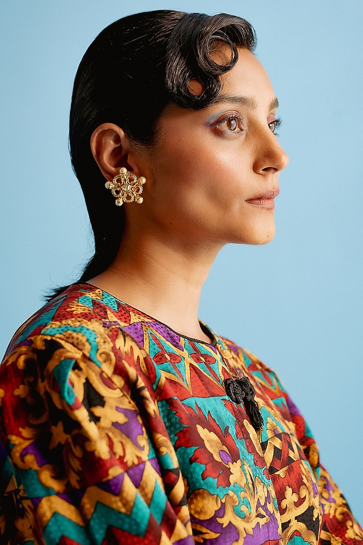 Gold Finish Swarovski Crystal & Pearl Honey Suckle Floral Stud Earrings by ESME at Pernia's Pop Up Shop