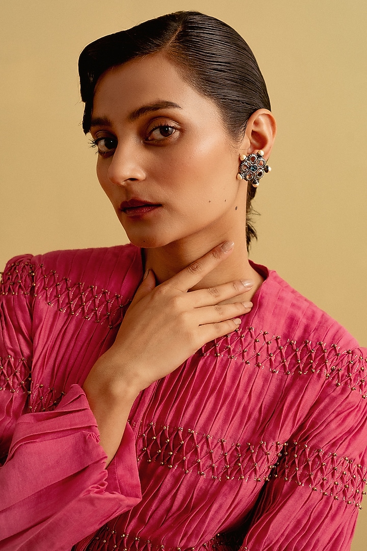 Black Rhodium Finish Blue Swarovski Crystal & Pearl Honey Suckle Floral Stud Earrings by ESME at Pernia's Pop Up Shop