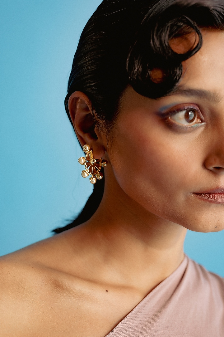 White Rhodium Finish Gold Swarovski Pearl Hoop Earrings by ESME at Pernia's Pop Up Shop