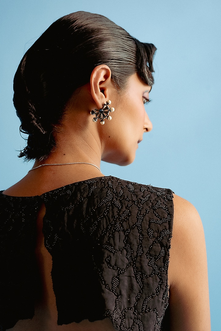 White Rhodium Finish Gunmetal Swarovski Pearl Hoop Earrings by ESME at Pernia's Pop Up Shop