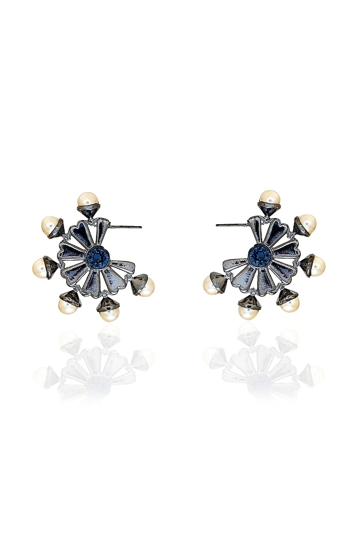 White Rhodium Finish Gunmetal Swarovski Pearl Hoop Earrings by ESME at Pernia's Pop Up Shop