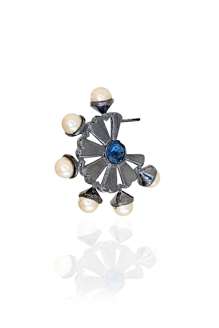 White Rhodium Finish Gunmetal Swarovski Pearl Hoop Earrings by ESME at Pernia's Pop Up Shop