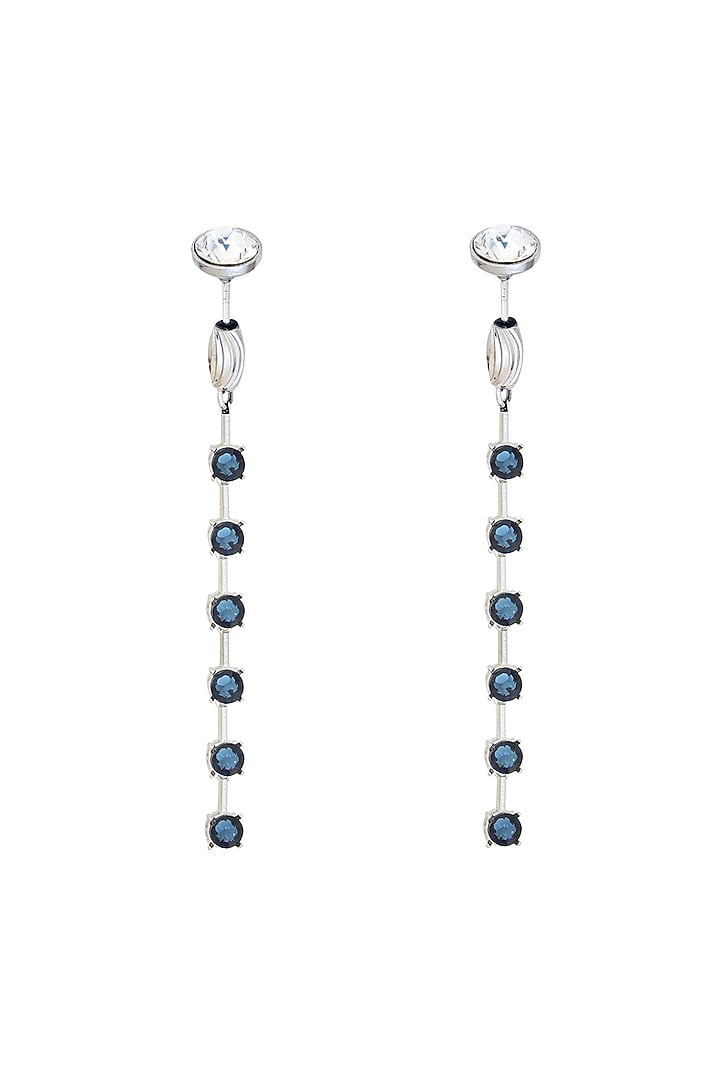 White Rhodium Finish Blue & Silver Swarovski Dangler Earrings by ESME at Pernia's Pop Up Shop