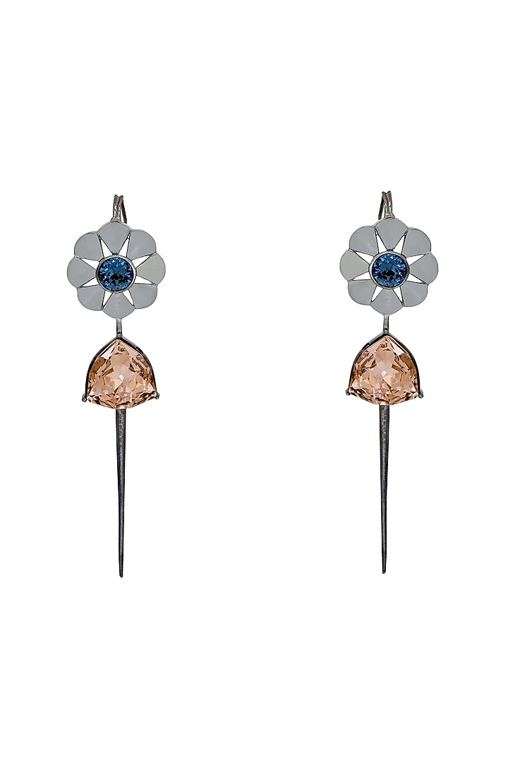 White Finish Pink Swarovski Crystal Needle Style Dangler Earrings by ESME at Pernia's Pop Up Shop