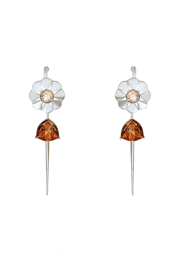 White Finish Pink Swarovski Crystal Needle Style Dangler Earrings by ESME at Pernia's Pop Up Shop