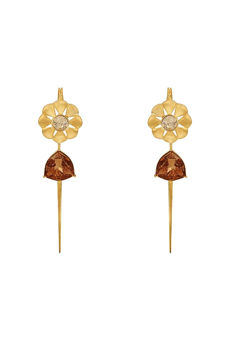 Gold Finish Swarovski Crystal Needle Style Dangler Earrings by ESME