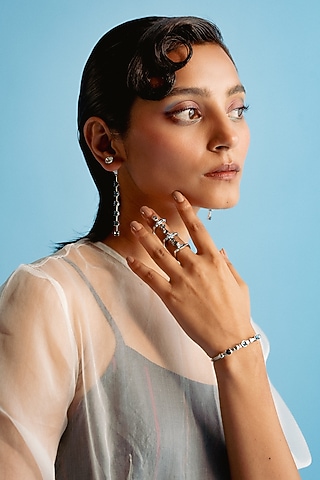 White Finish Baguette Blue Swarovski Ring by ESME