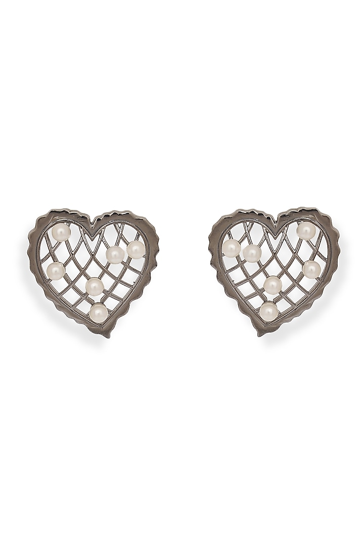 White Rhodium Finish Pearl Heart-Shaped Stud Earrings by ESME at Pernia's Pop Up Shop
