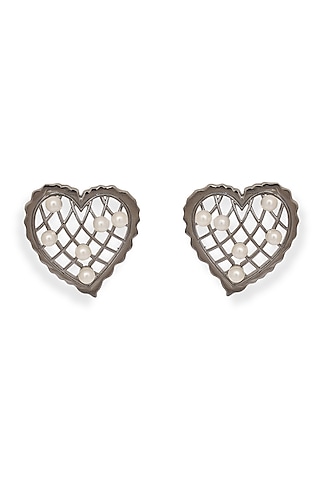 White Rhodium Finish Pearl Heart-Shaped Stud Earrings by ESME