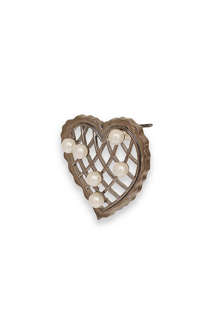 White Rhodium Finish Pearl Heart-Shaped Stud Earrings by ESME at Pernia's Pop Up Shop