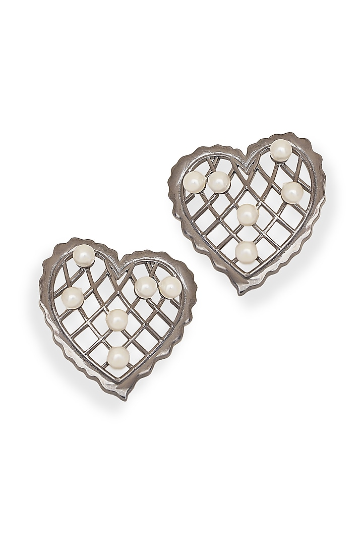 White Rhodium Finish Pearl Heart-Shaped Stud Earrings by ESME at Pernia's Pop Up Shop
