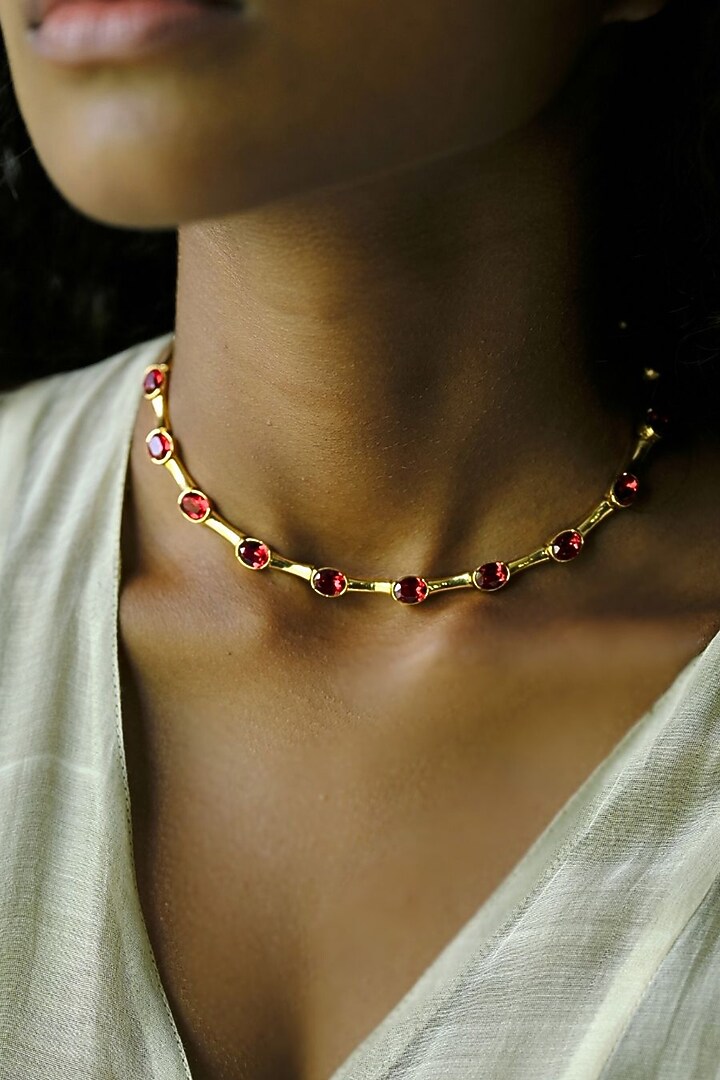 White Rhodium Finish Red Swarovski Choker Necklace by ESME at Pernia's Pop Up Shop