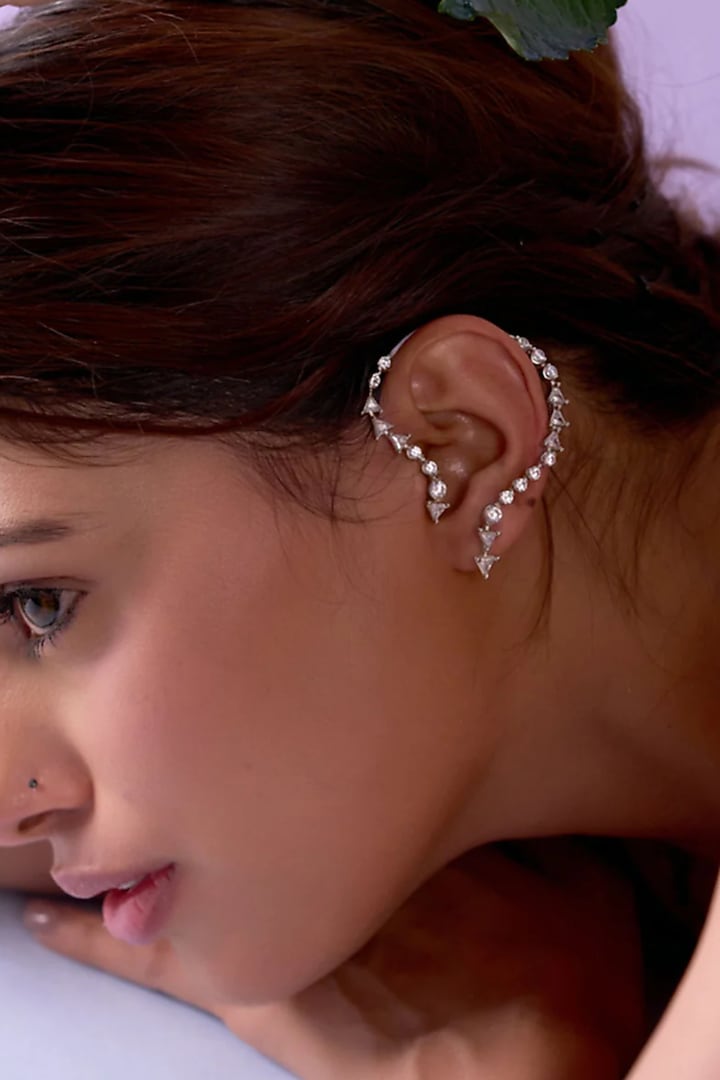 White Rhodium Finish Swarovski Crystal Earcuffs (Set Of 2) by ESME at Pernia's Pop Up Shop
