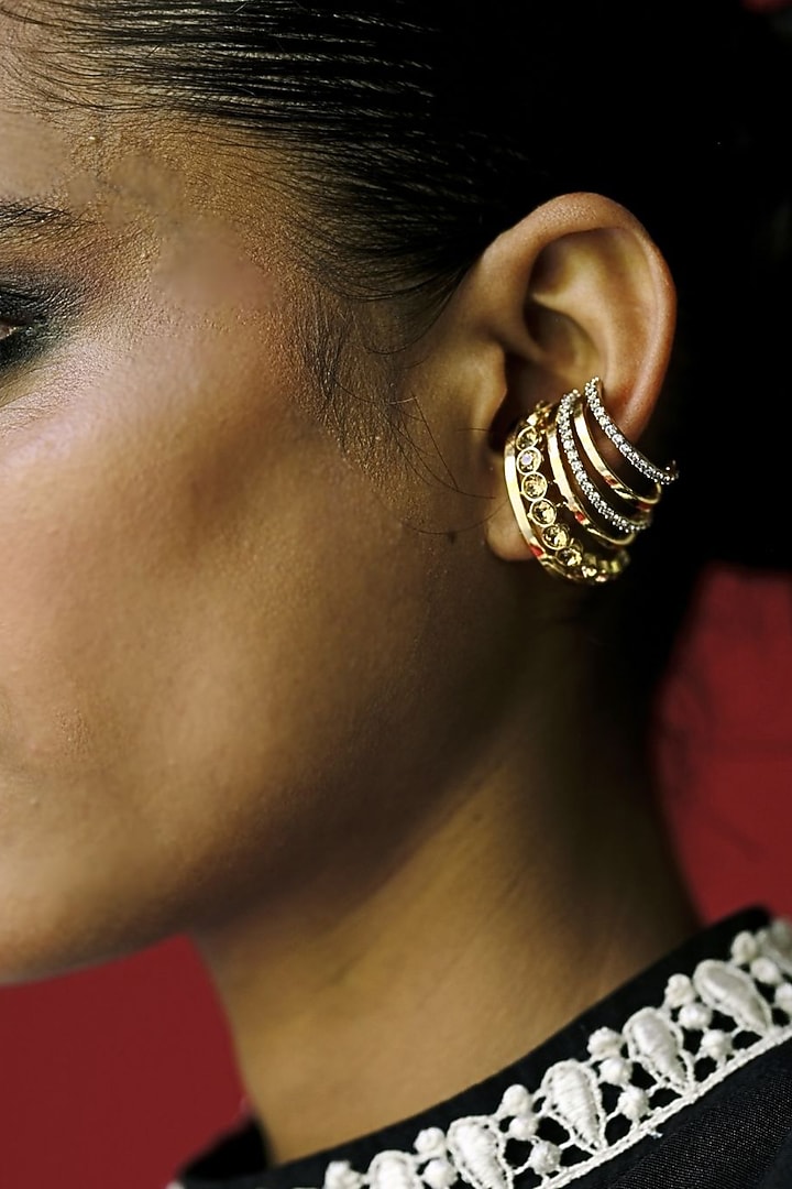 White Rhodium Finish Gold Swarovski Hoop Earrings by ESME at Pernia's Pop Up Shop
