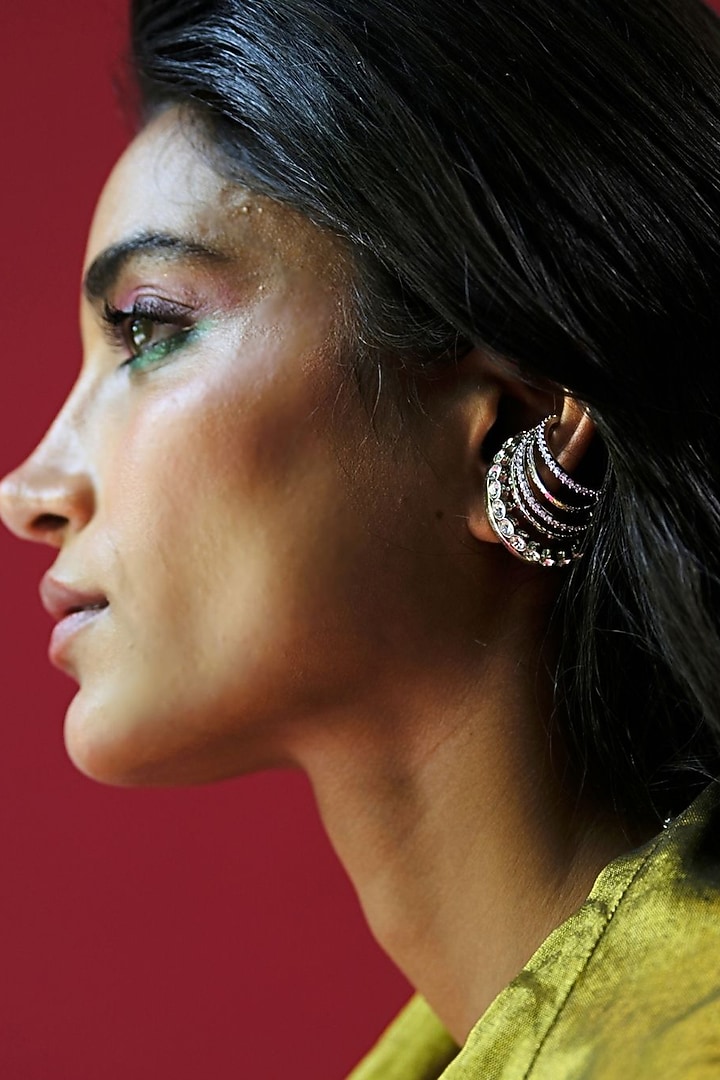 White Rhodium Finish Silver Swarovski Hoop Earrings by ESME at Pernia's Pop Up Shop