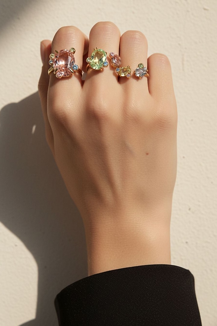 Gold Plated Multi-Colored Swarovski Stack Of Rings by ESME at Pernia's Pop Up Shop