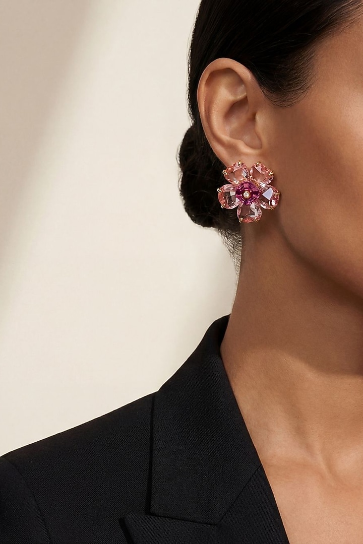 Gold Plated Pink Swarovski Crystal Stud Earrings by ESME at Pernia's Pop Up Shop