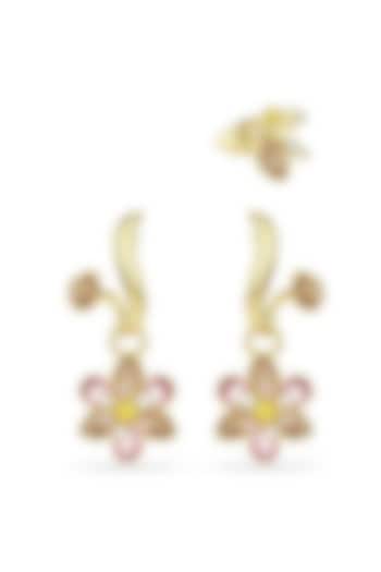 Gold Plated Pink Swarovski Dangler Earrings (Set Of 3) by ESME at Pernia's Pop Up Shop