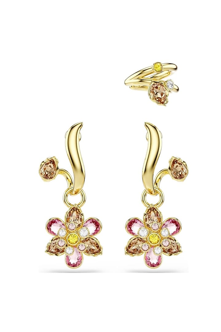 Gold Plated Pink Swarovski Dangler Earrings (Set Of 3) by ESME at Pernia's Pop Up Shop
