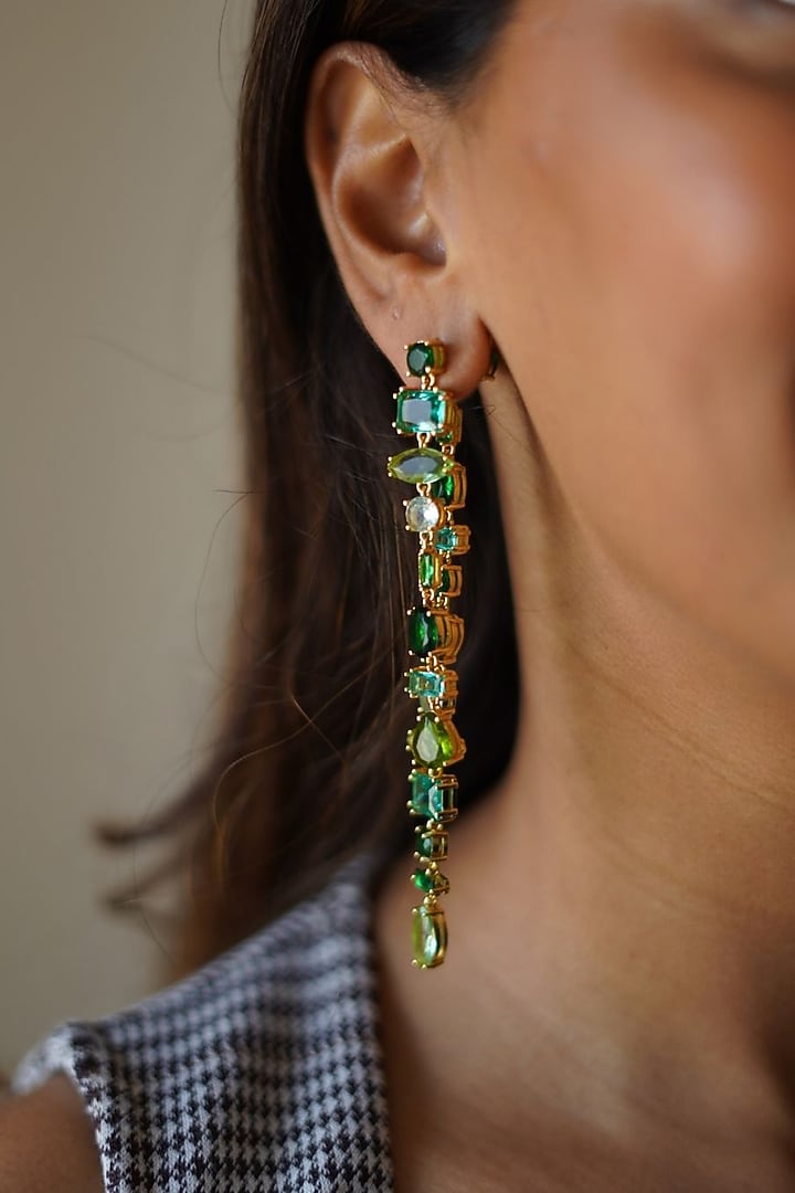 Gold Plated Green Swarovski Detachable Dangler Earrings by ESME at Pernia's Pop Up Shop