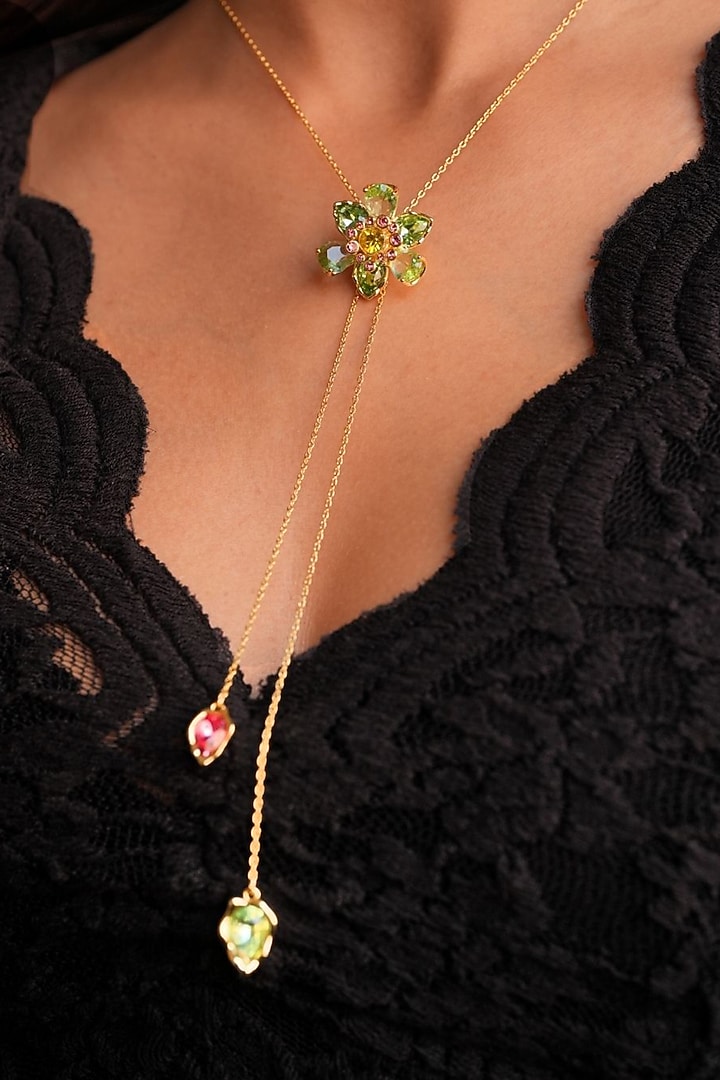 Gold Plated Green Swarovski Pendant Necklace by ESME at Pernia's Pop Up Shop