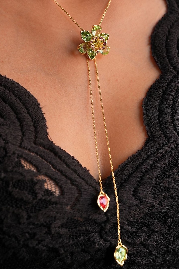 Gold Plated Green Swarovski Pendant Necklace by ESME at Pernia's Pop Up Shop