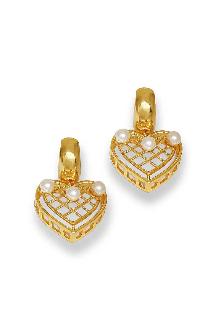 White Rhodium Finish Swarovski Pearl Heart-Shaped Stud Earrings by ESME at Pernia's Pop Up Shop