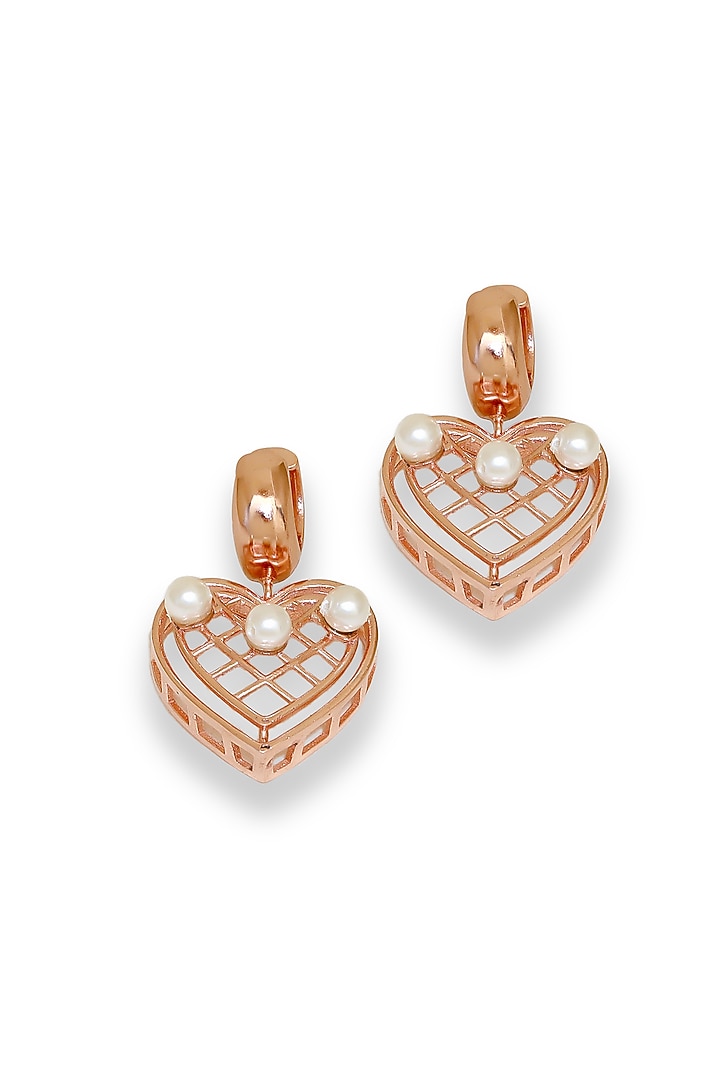 White Rhodium Finish Rose Gold Swarovski Pearl Heart-Shaped Stud Earrings by ESME at Pernia's Pop Up Shop
