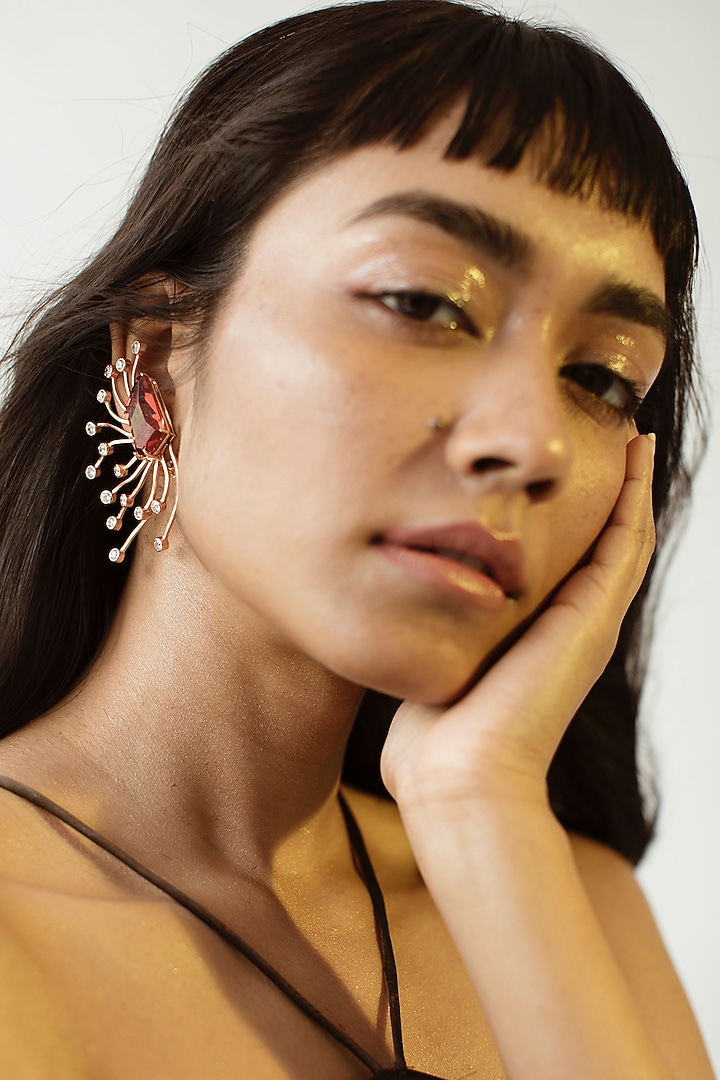 White Rhodium Finish Red Swarovski Stud Earrings by ESME at Pernia's Pop Up Shop
