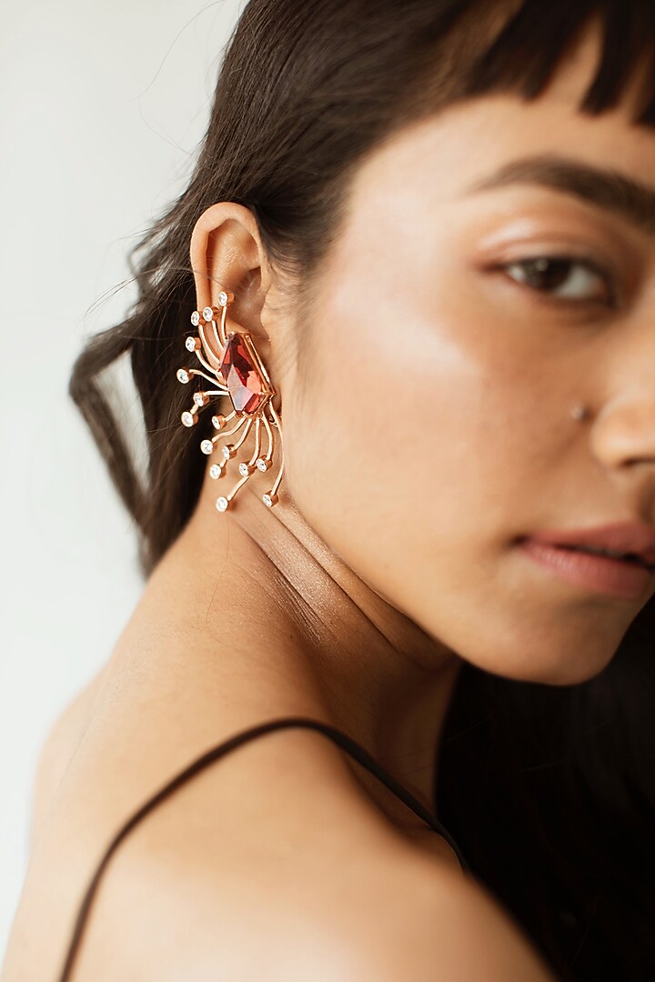 White Rhodium Finish Red Swarovski Stud Earrings by ESME at Pernia's Pop Up Shop