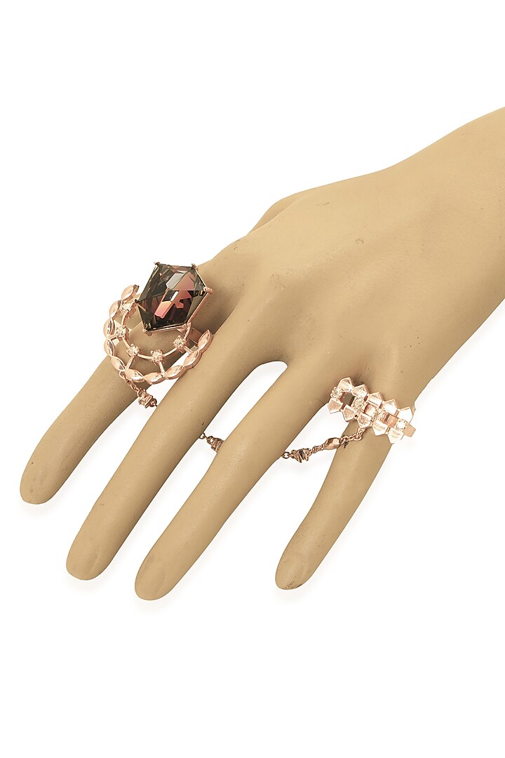 Gold Finish Red Swarovski Crystals Double Finger Ring by ESME at Pernia's Pop Up Shop