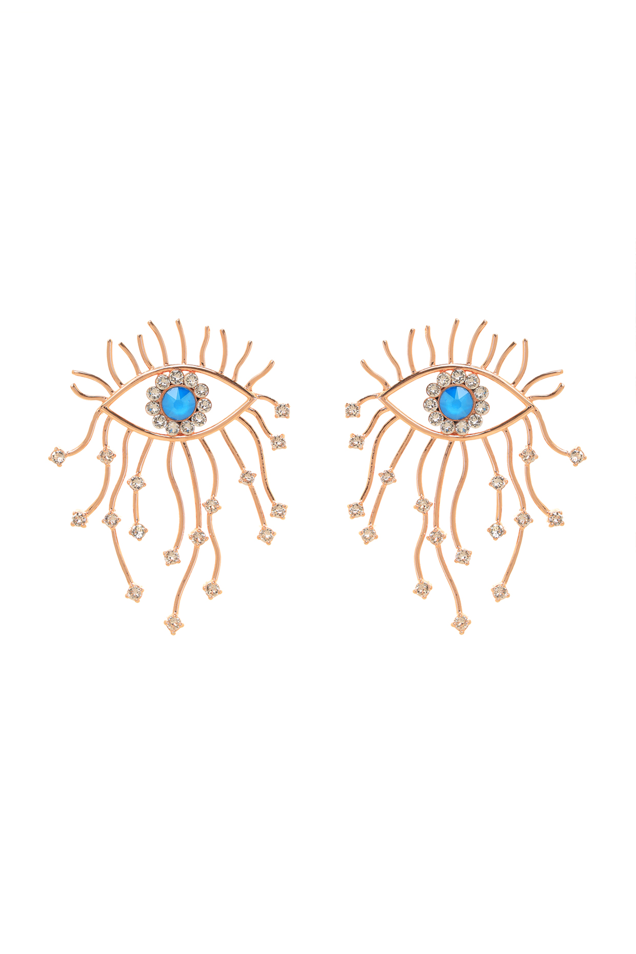 Rose Gold Finish Blue Swarovski Evil Eye Earrings Design by ESME at  Pernias Pop Up Shop 2023