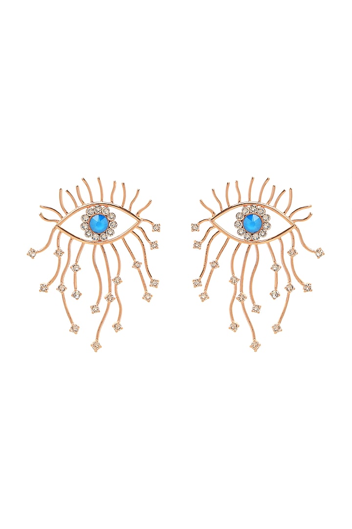 Rose Gold Finish Blue Swarovski Evil Eye Earrings by ESME at Pernia's Pop Up Shop