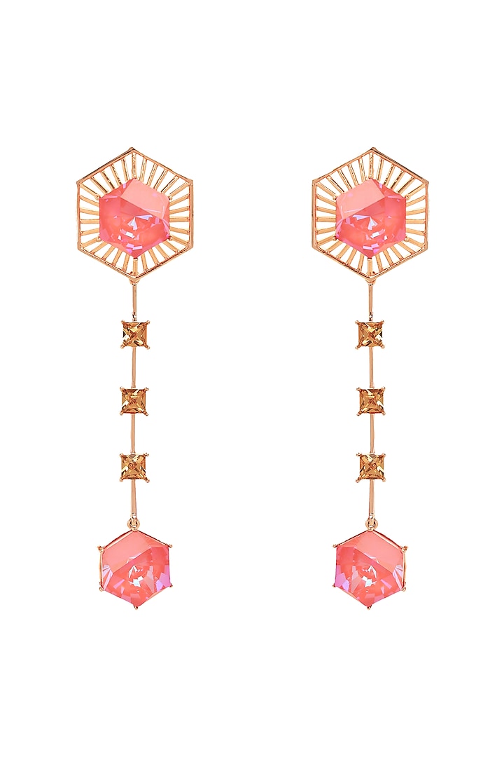 White Rhodium Finish Pink Swarovski Crystal Dangler Earrings by ESME at Pernia's Pop Up Shop