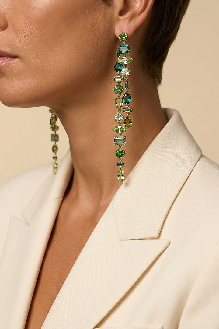 Gold Plated Emerald & Swarovski Dangler Earrings by ESME at Pernia's Pop Up Shop