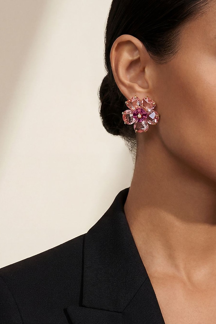 Gold Plated Marquise-Cut Crystal & Ruby Stud Earrings by ESME at Pernia's Pop Up Shop