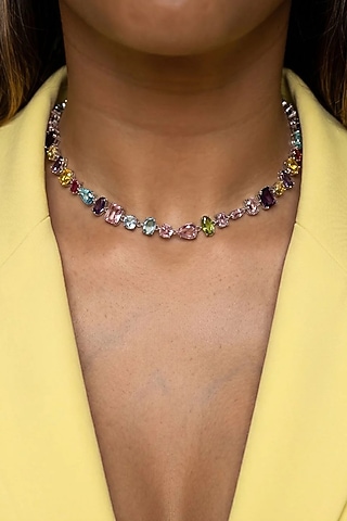 White Finish Multi-Colored Swarovski Crystal Necklace by ESME
