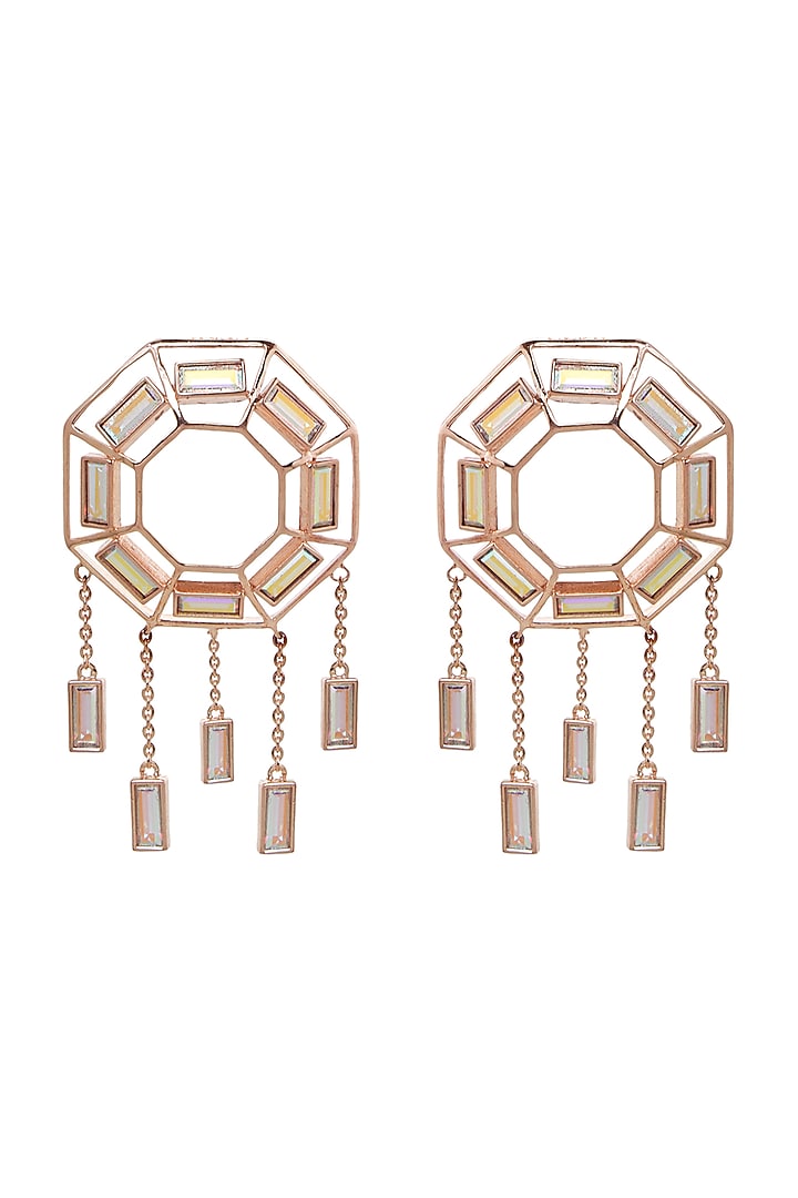 White Rhodium Finish Rose Gold Swarovski Dangler Earrings by ESME at Pernia's Pop Up Shop