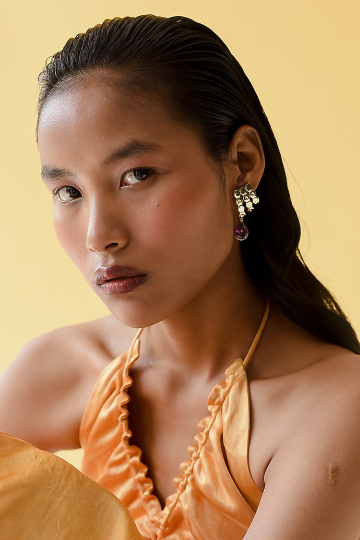 Gold Finish Red Swarovski Crystal Earrings by ESME at Pernia's Pop Up Shop