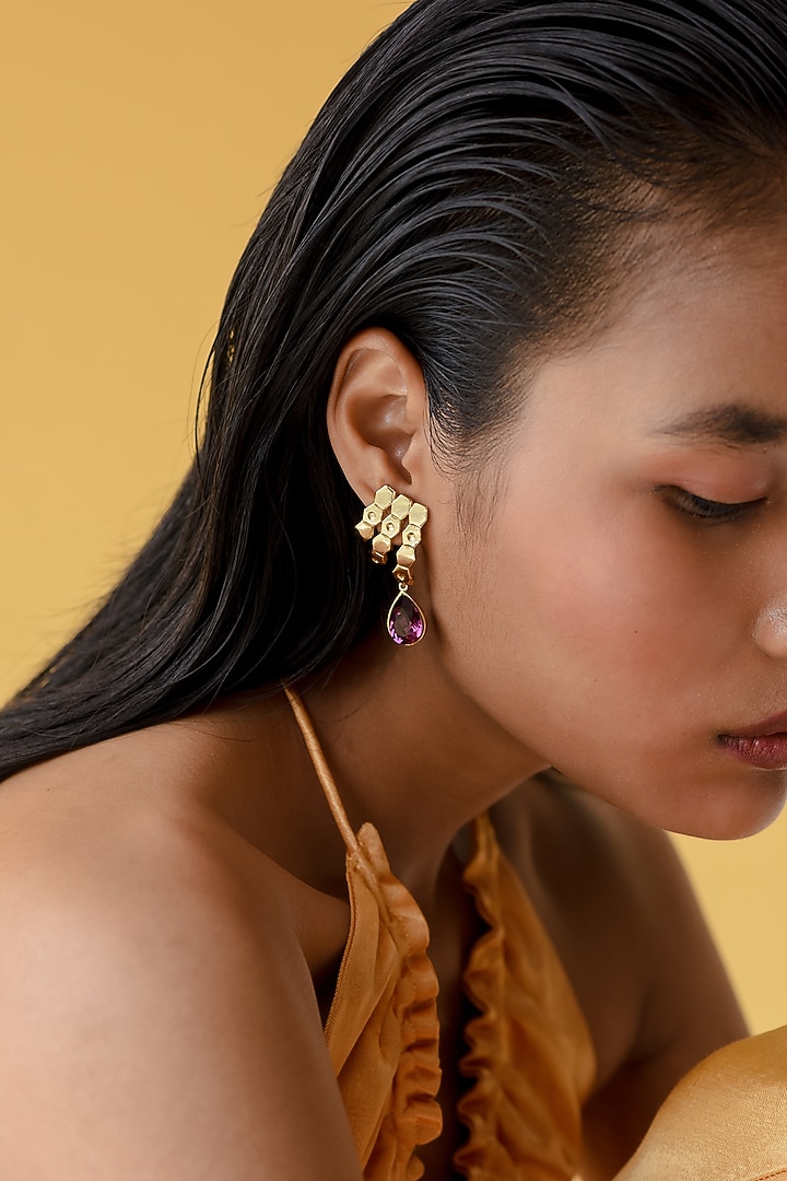 Gold Finish Red Swarovski Crystal Earrings by ESME at Pernia's Pop Up Shop