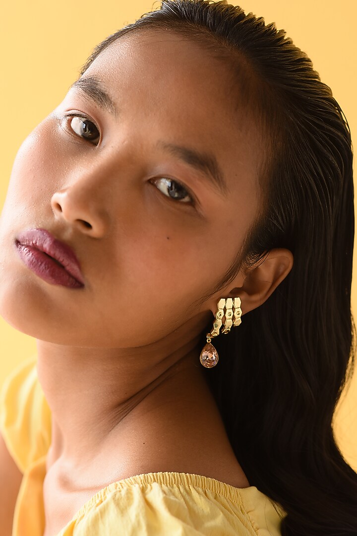 Gold Finish Earrings With Pink Swarovski Crystals by ESME at Pernia's Pop Up Shop