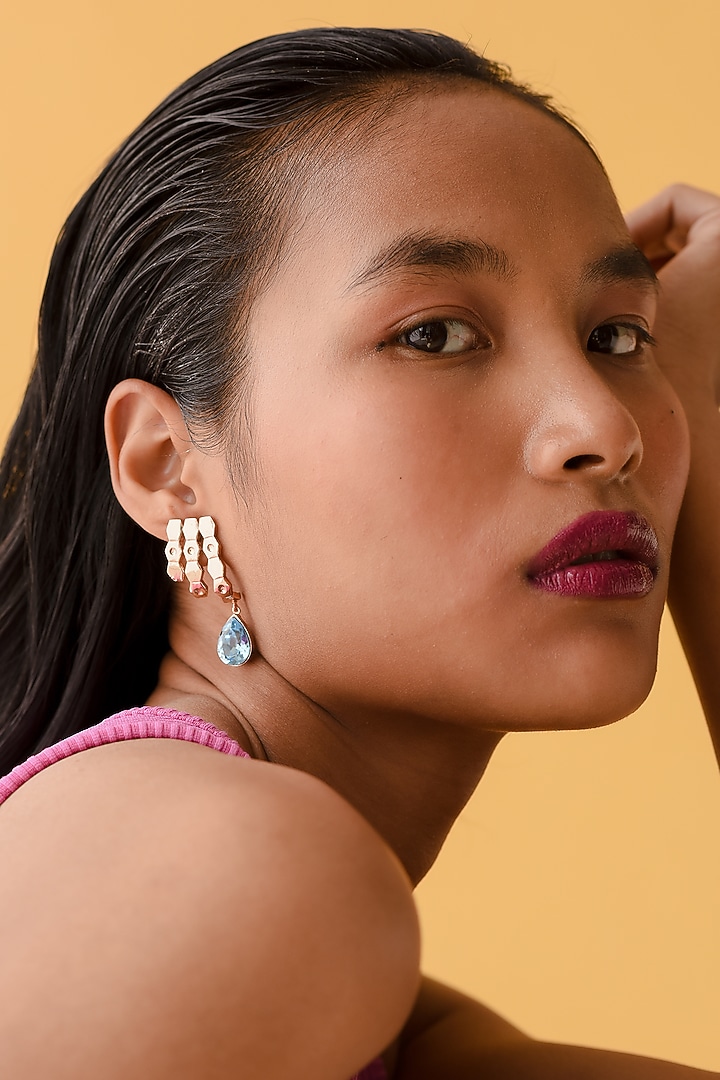 Gold Finish earrings With Blue Swarovski Crystals by ESME at Pernia's Pop Up Shop