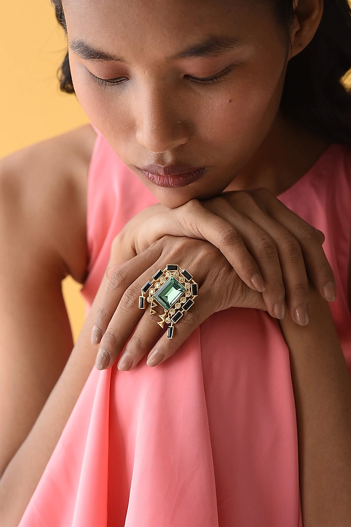 Gold Finish Green Swarovski Crystal Ring by ESME at Pernia's Pop Up Shop