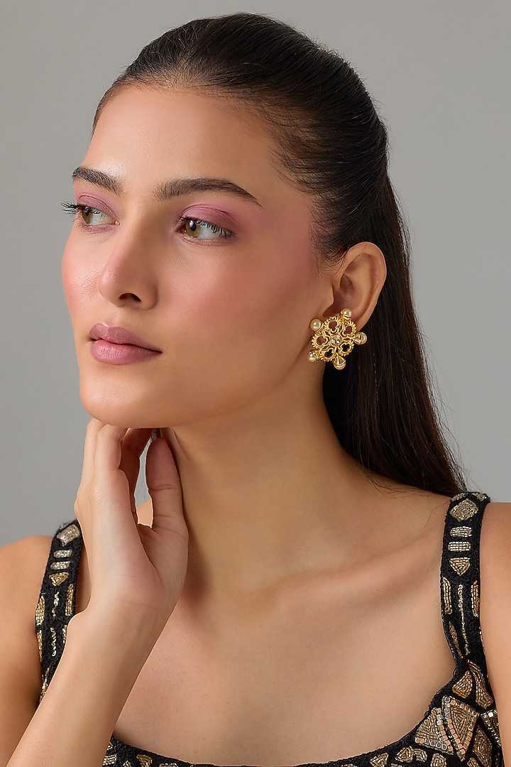 White Rhodium Finish Swarovski Crystal & Pearl Floral Stud Earrings by ESME at Pernia's Pop Up Shop