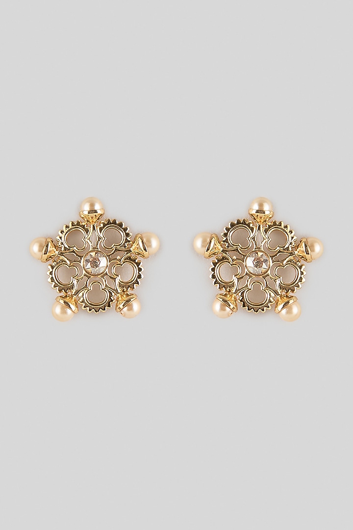White Rhodium Finish Swarovski Crystal & Pearl Floral Stud Earrings by ESME at Pernia's Pop Up Shop