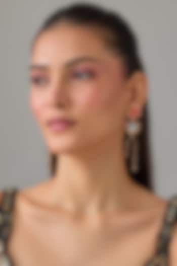 White Rhodium Finish Coral & Blue Swarovski Crystal Dangler Earrings by ESME at Pernia's Pop Up Shop