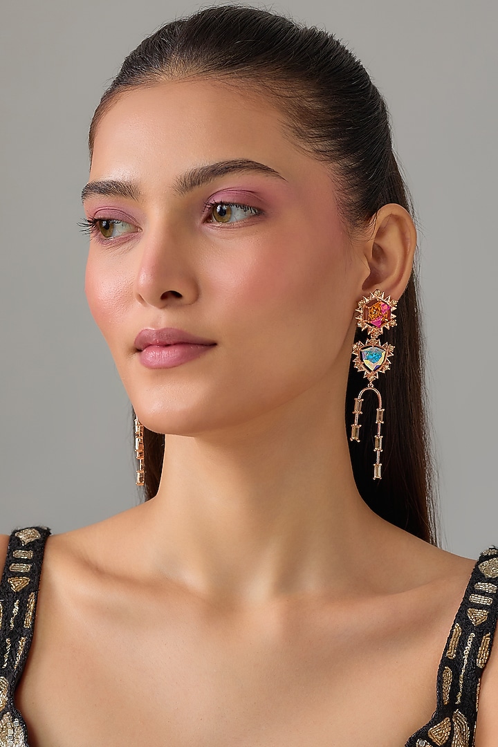 White Rhodium Finish Coral & Blue Swarovski Crystal Dangler Earrings by ESME at Pernia's Pop Up Shop
